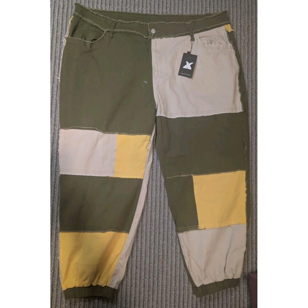 Xpluswear NWT Plus Size 3XL Colorblock Patchwork Cargo Jogger Pants Olive Yellow